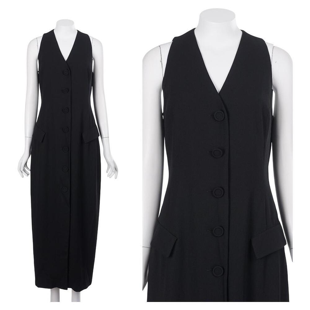 GiGi by Gillian Vintage Dress 8 Black Button Front Sleeveless V-Neck 90s